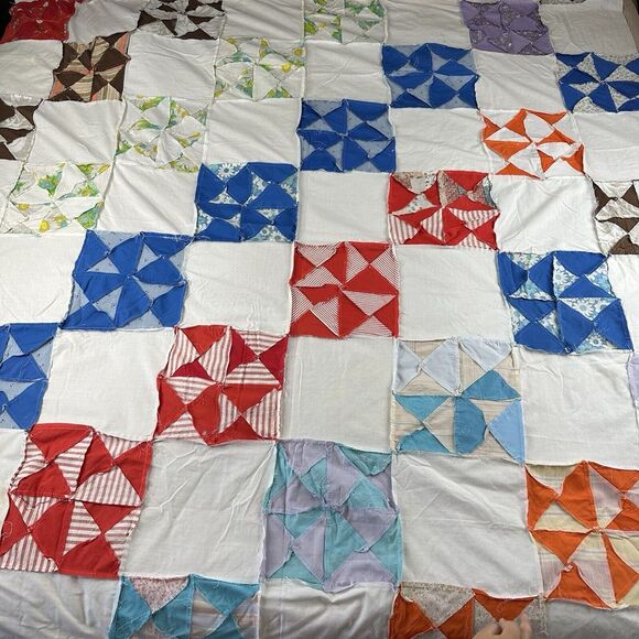 handmade Other - Unfinished Hand Stitched Patchwork Quilt Top 95" x 74" Americana Vtg Colorful